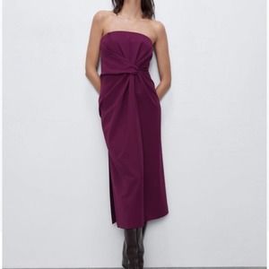 Zara Draped Strapless Midi Purple Dress Size Large